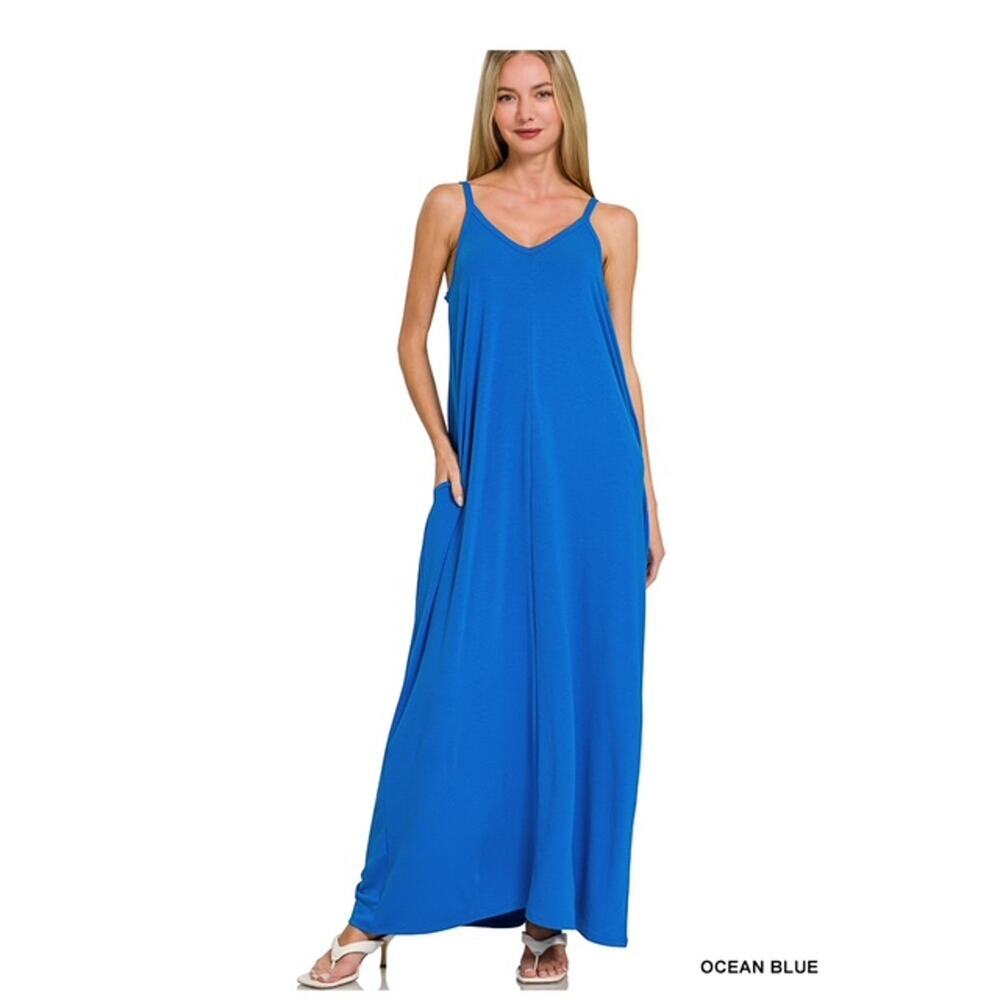 ZENANA - V Neck Cami Maxi Dress with Side Pockets - Small